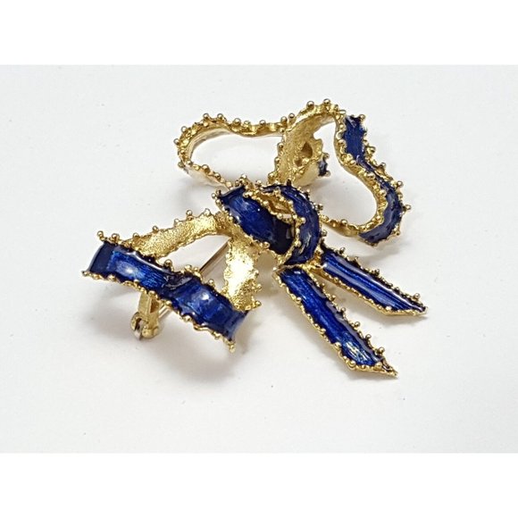 Vintage Victorian Tiffany & Co 18K Solid Yellow Gold Blue Enamel Bow Brooch Pin - Picture 2 of 16
